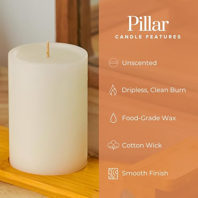 Simply Soson 3x4 inch Ivory Pillar Candles Set of 6, Smooth Texture, Unscented Ivory Candles, Dripless Candles, 3 inch Pillar Candles Ideal as Wedding, Parties, Spas, Dinner, Home Decoration, Church
