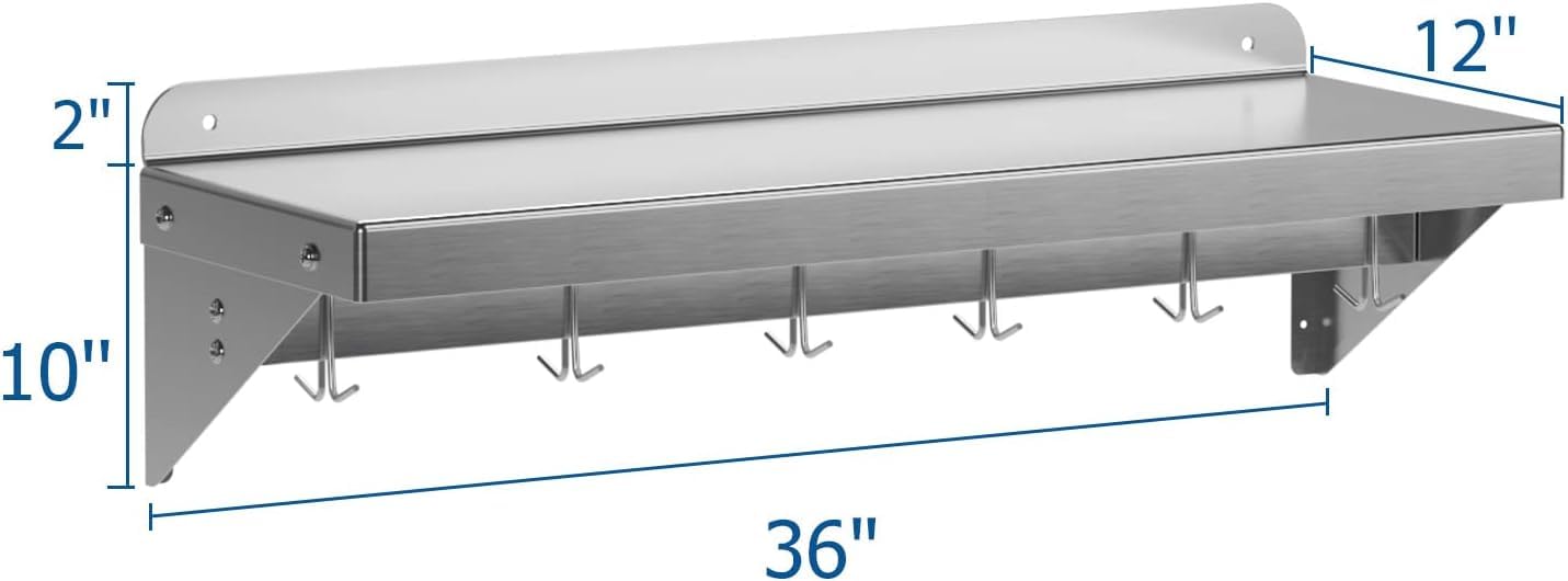 DEXSO 2 Pack Stainless Steel Wall Mount Shelves 12" x 36" NSF Certified with 6 Hooks - Versatile Metal Storage Racks with Backsplash for Organizing Cookware in Home and Kitchen