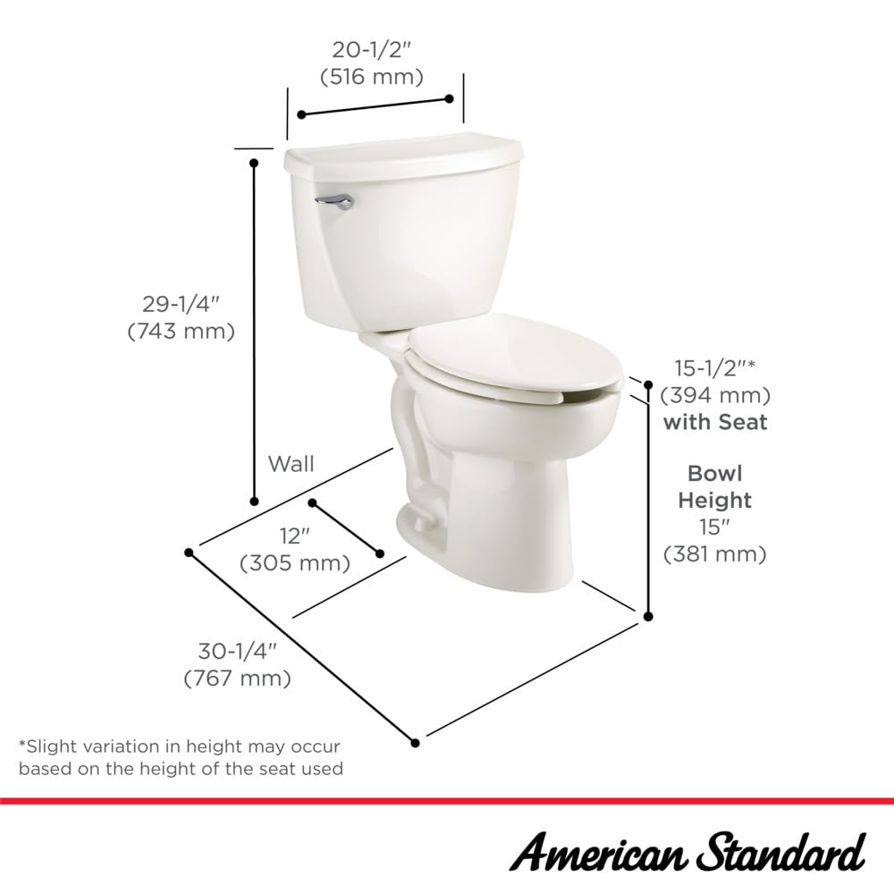 American Standard 2462016.020 Cadet Two-Piece Pressure Assist with 12-in Rough-In Toilet, Elongated Front, 1.6 GPF