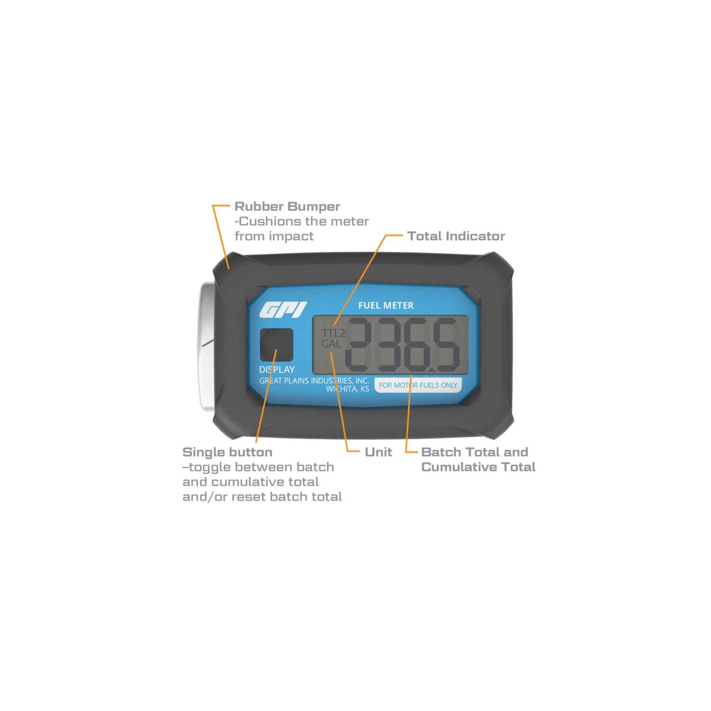 GPI - 01A Series Turbine Flow Meter for Fuel, Aluminum Body with Battery Powered Digital Display, 3-30 GPM (113255-1)
