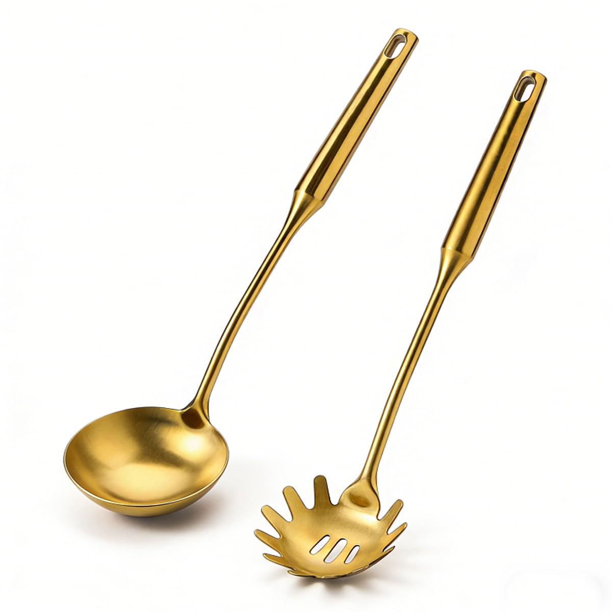 Gold Ladle Stainless Steel Strainer & Serving Spoons Set Premium Pasta Strainer for Cooking, Stirring, Serving Pasta, Soup & Sauce - Heavy-duty Kitchen Utensils for Daily Use & Gifting