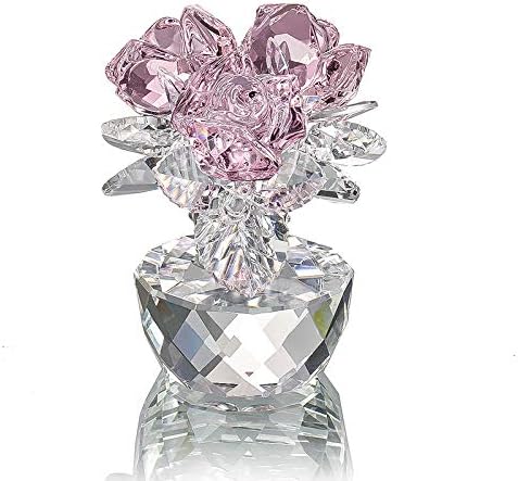 QFkris Pink Crystal Rose Bouquet - Elegant Glass Flower Figurine | 2.8" Home Decor Ornament for Women