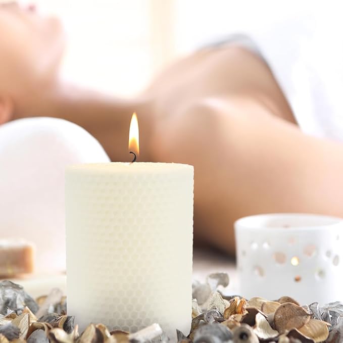 White Beeswax Pillar Candle - Handmade Pure Beeswax Rolled Candle for Gift & Home Decor (3×4 in)