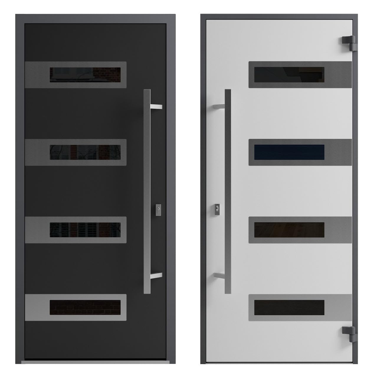 Front Exterior Prehung Steel Door/Ronex 0131 Black Enamel / 2 Side and Top Exterior Window Sidelite/Stainless Inserts Entry Metal Modern Painted W16+36+16" x H80+16" Left Hand Inswing
