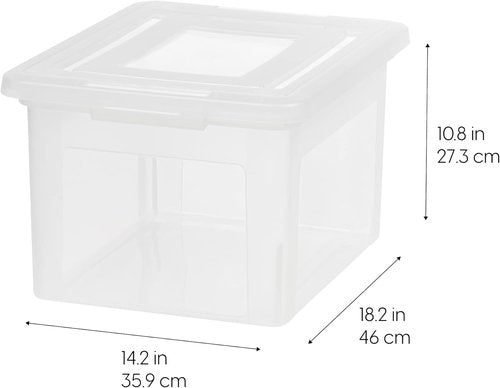 IRIS USA File Box - Durable Plastic Organizer with Lids for Letter/Legal Files | 35 Qt, Clear, 4-Pack