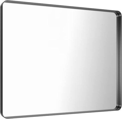 LOAAO Black Metal Framed Bathroom Mirror - Large Rounded Rectangle, Anti-Rust, 48x36 Inch, Versatile Hanging Options