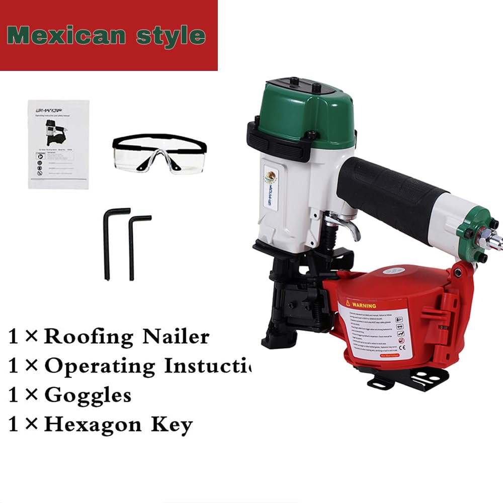 BHTOP Mexican CN45N Roofing Nailer, 15 Degree Roofing Nail Gun, 3/4-Inch to 1-3/4-Inch Coil Nails, 120-pcs Load Capacity Coil Naile (Green/Red）