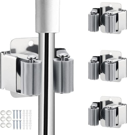 JAMEND Heavy-Duty Broom and Mop Holder - Wall-Mounted Organizer Rack for Garden Tools | Stainless Steel, Silver