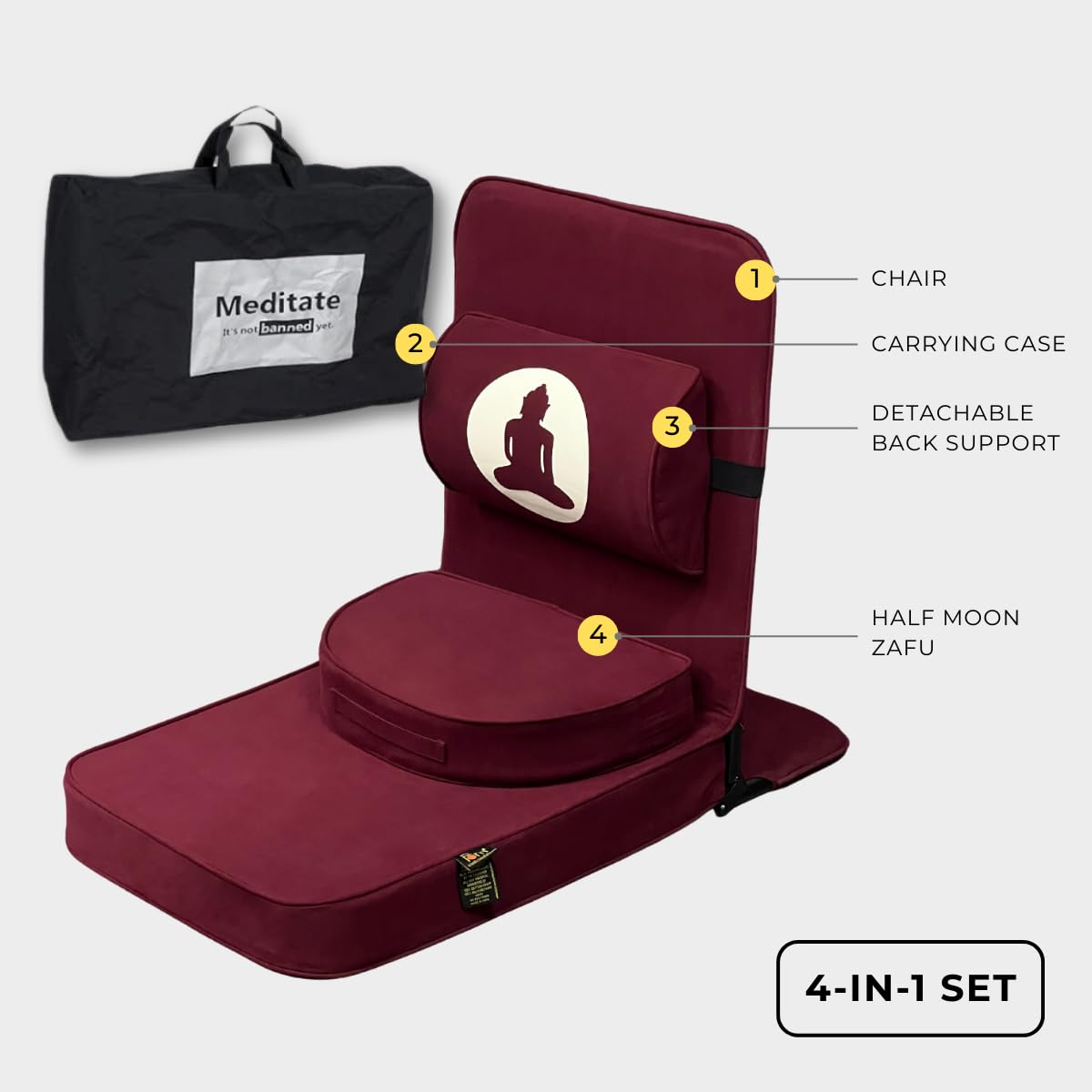Friends of Meditation Relaxing Buddha Meditation Chair | Detachable Rectangular Back Support & Zafu Cushion | Portable Folding Chair | Floor Chair with Back Support | Yoga Chairs for Adults | Maroon