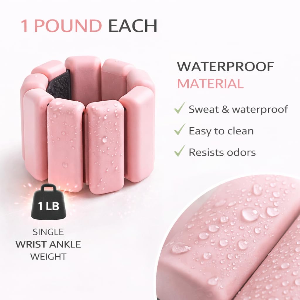 Elegance Adjustable Wrist & Ankle Weights for Women – Wearable Fitness Bracelets for Pilates, Yoga, Walking & Home Workout – Soft Silicone Weighted Bangles (1 LB Pair) (Pink)