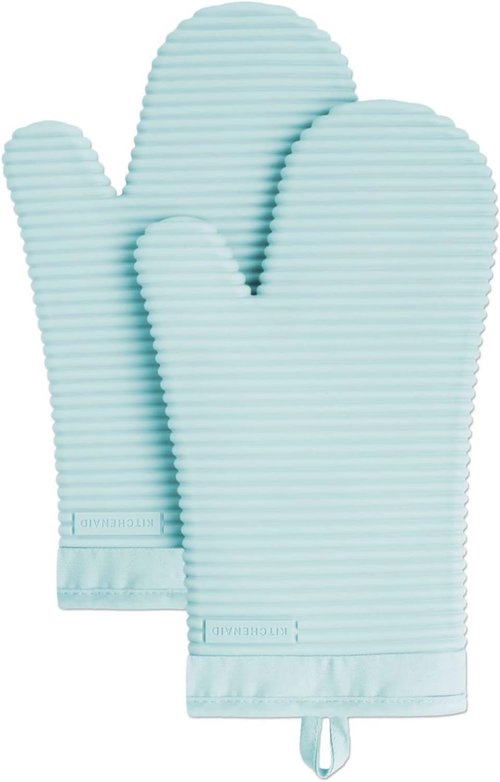 KitchenAid Ribbed Silicone Oven Mitts - 2-Pack Set, 7.5"x13", Stylish Mineral Water Color