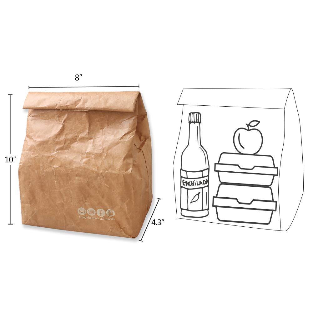 Hangnuo 2 Pack Insulated Brown Paper Lunch Bags Reusable, Retro Lunch Sacks for Adults Work Office, Brown Paper - 7.8 x 5.9 x 11.8 inches