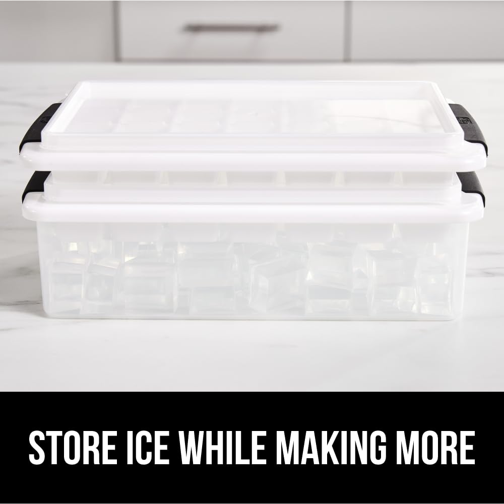 GORILLA GRIP BPA-Free Easy Release Ice Cube Tray for Freezer, Make Lots of Ice, 56 Cubes Total, Kit Includes 2 Stackable Leakproof Trays with Lid and Soft Handle Grips, Scooper, Bin, For Coffee, Black