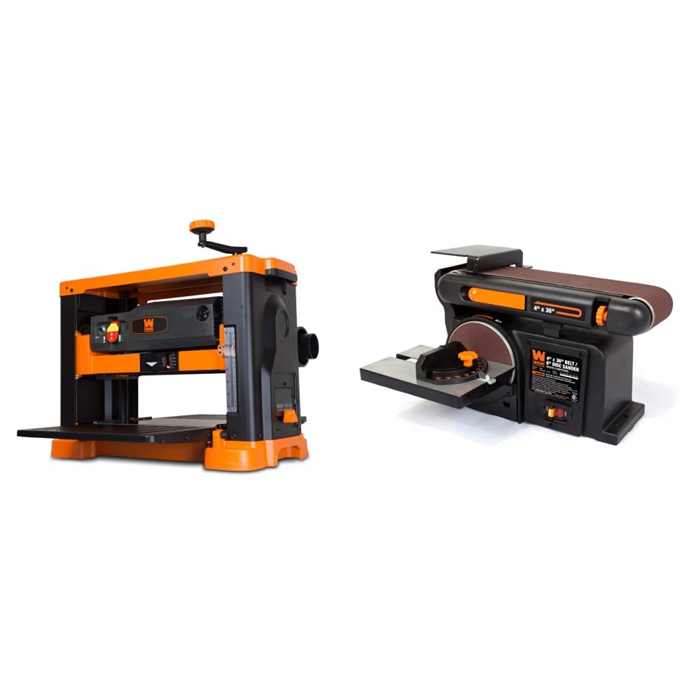 WEN PL1326 15-Amp 13-Inch Spiral Benchtop Thickness Planer & 6502T 4.3-Amp 4 x 36 in. Belt and 6 in. Disc Sander with Cast Iron Base