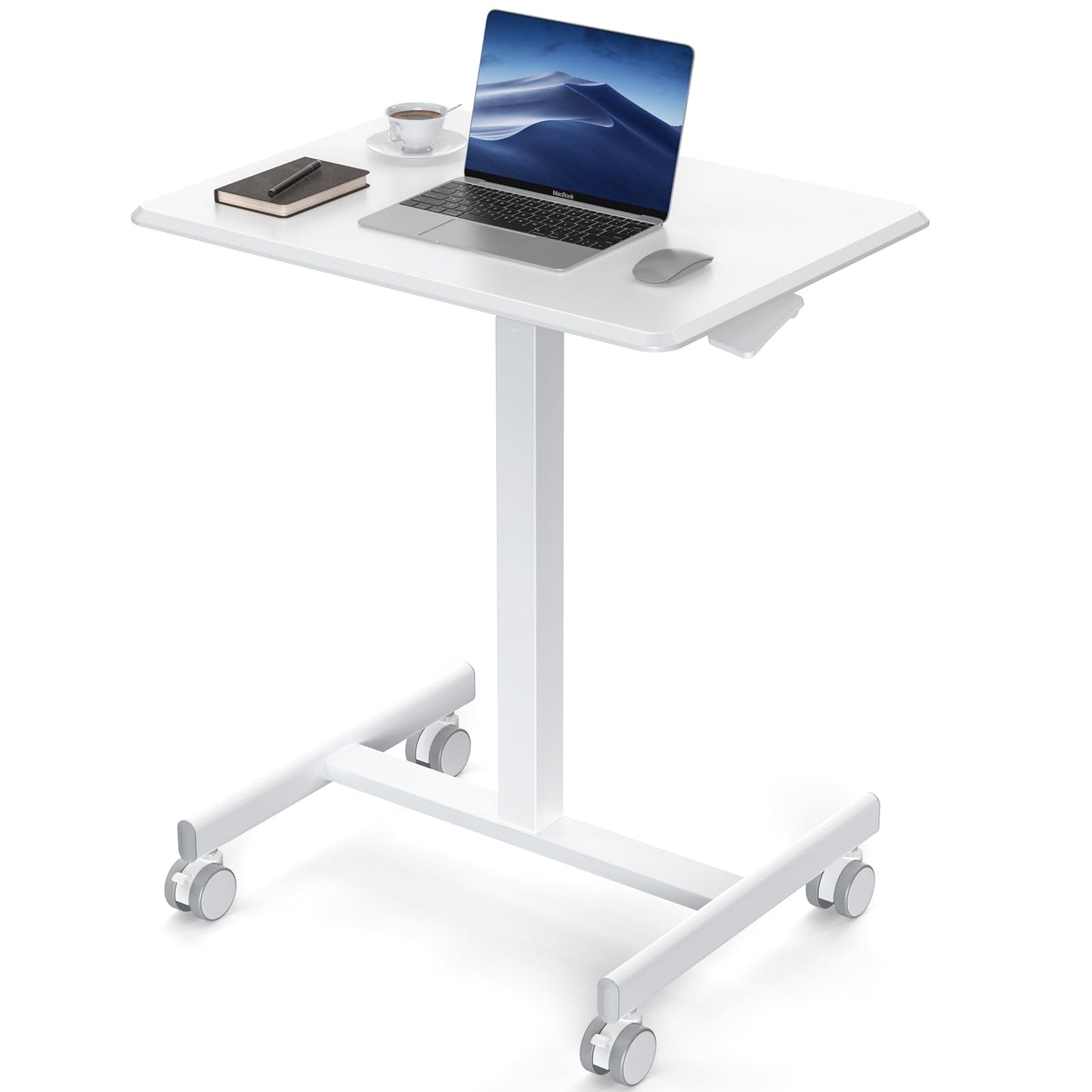 DUMOS Small Standing Desk Mobile Portable Rolling Laptop PC Table on Wheels Adjustable Height Computer Workstation for Home Office Small Space, 19 Inch, White