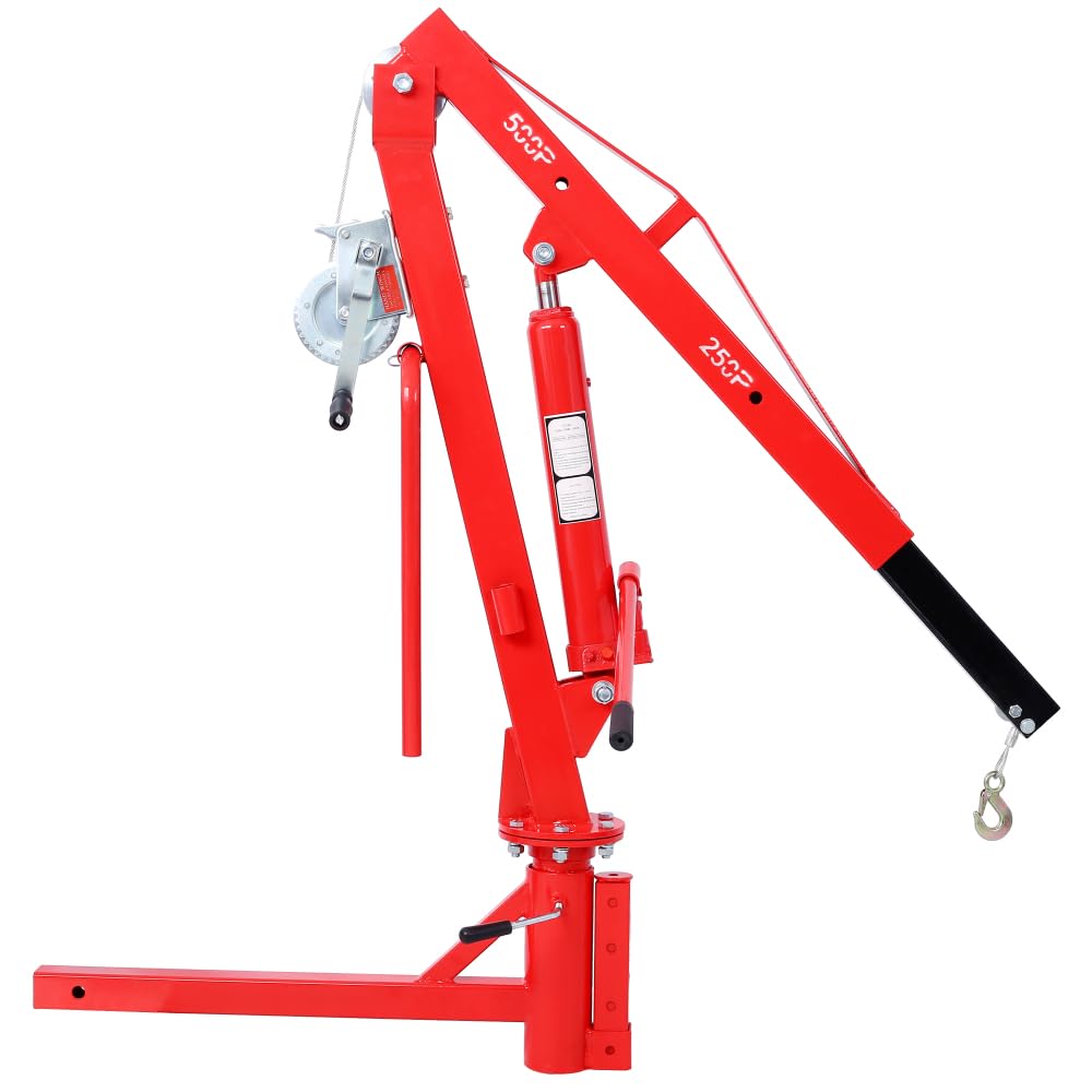 Truck Bed Crane with Hitch Mount Lift, 500Lb Hydraulic Pickup Truck Hitch Crane, 2" Receiver Engine Hoist, Foldable Red Jib Lifting System for Loading Dock PWC Trailer, Professional Shop Tool