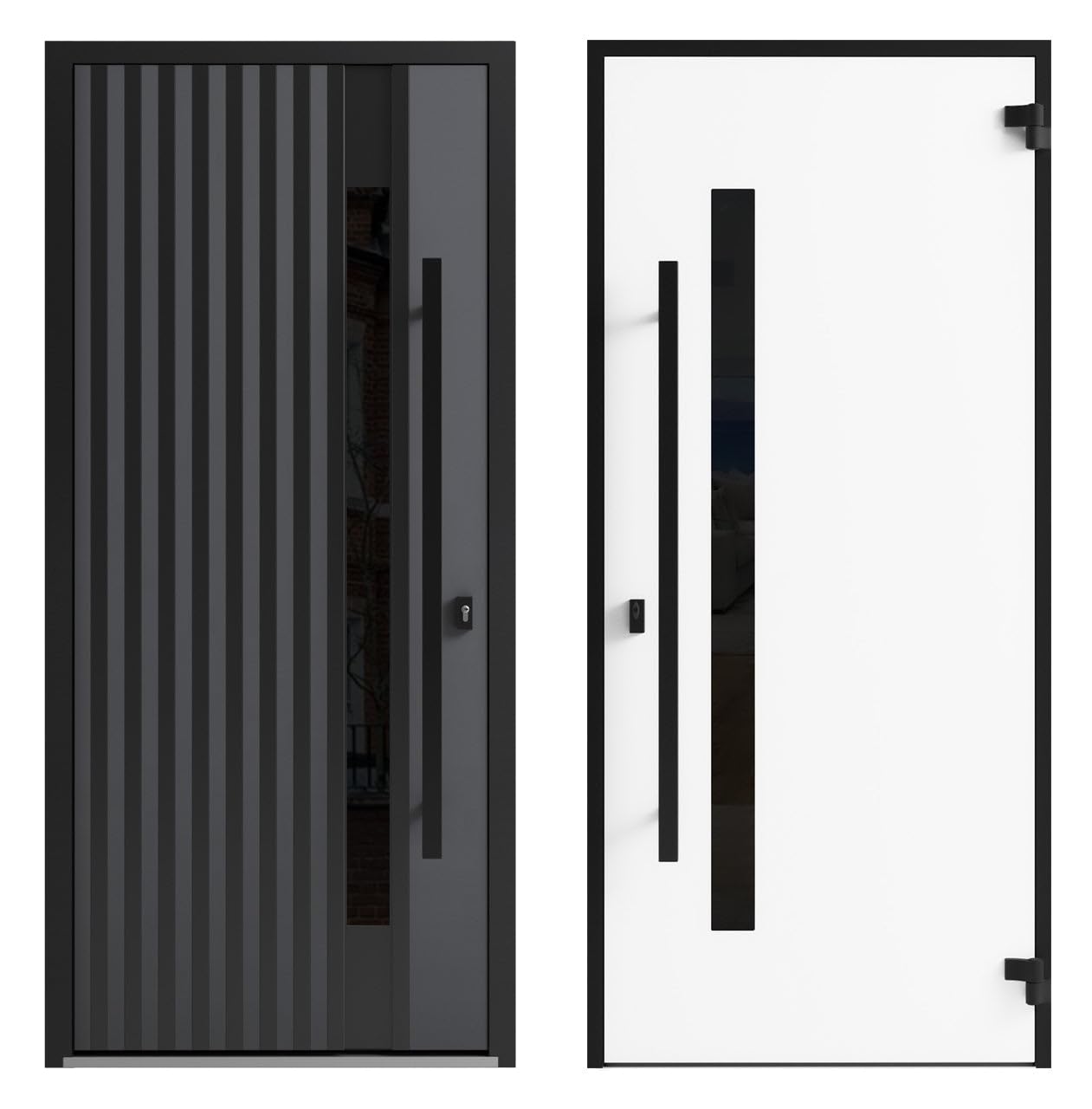 VDOMDOORS Front Exterior Prehung Steel Door/Ronex 0144 Grey/Top Exterior Window Sidelite/Entry Metal Modern Painted W36 x H80+16" Right Hand Inswing
