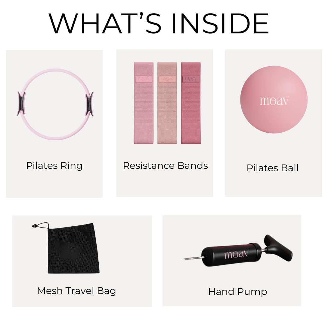 MOAV Premium Pilates Essentials Kit - 14" Ring with Cushioned Handles, Mini Ball with Pump, & 3 Durable Fabric Resistance Bands for Full Body Home Workouts (Rosè)