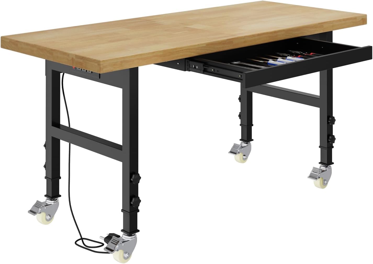 Pelnuies 60" Heavy Duty Work Bench with Wheels, Adjustable Height Workbench with Drawers, 2000 LBS Capacity Work Table with Power Outlets for Garage, Workshop, Office, Home