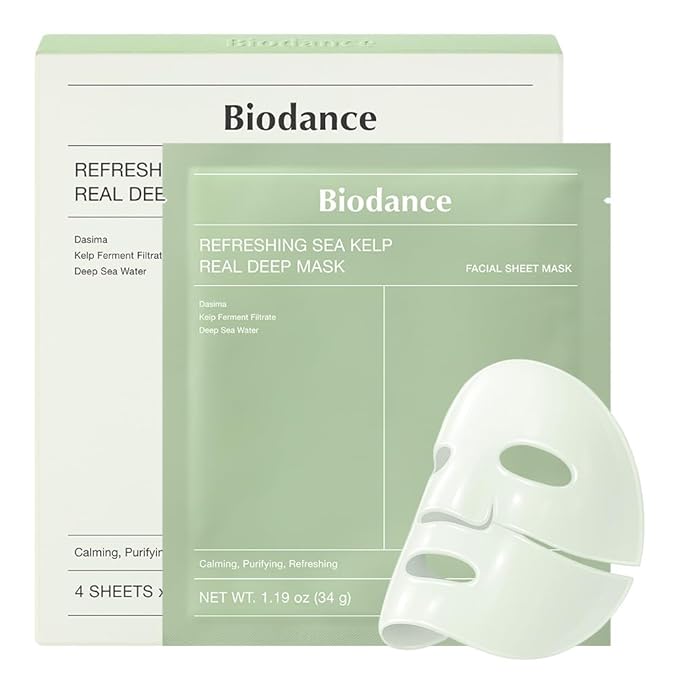 BIODANCE Refreshing Sea kelp Real Deep Mask, Overnight Hydrogel Mask, Calming, Oil & Sebum Control, Blemish Care, Korean Skincare | 1.19oz(34g) x 4ea