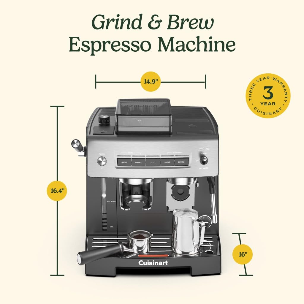 Cuisinart Espresso Bar Grind & Brew Espresso Machine, 16 Grind Settings from Fine to Coarse, Makes Hot or Cold Cafe-Quality Beverages at Home Including Cappuccino, Lattes and Cold Coffee, EM-640