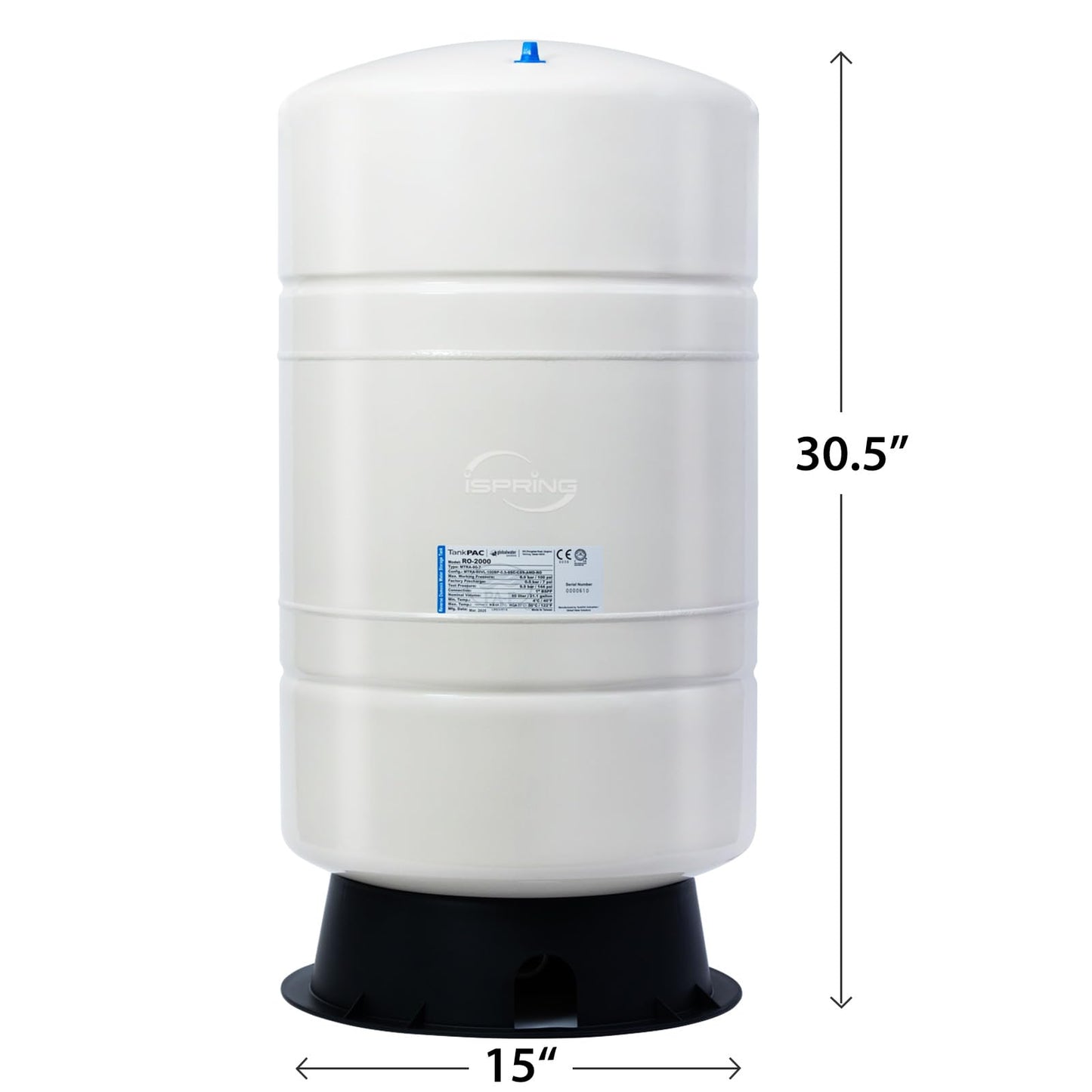 iSpring T20M 20 Gallon Pre-Pressurized Tank for Reverse Osmosis (RO) Systems with 14 gallons of Water Storage Capacity, White
