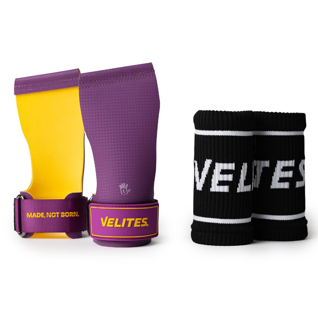 Velites - Official CrossFit® Games Quad Ultra Grips - Size M Color Purple Mustard - No chalk and smooth bars - Wristbands and carry bag included - Pull-ups, muscle-ups and toes to bar