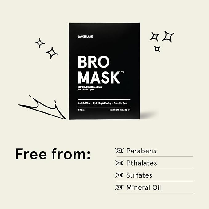 BRO MASK Korean Face Mask for Men: Premium Mens Face Mask Skin Care & Facial Anti Aging Sheet Masks with Hydrogel, Vitamin C & E, Hydrating Hyaluronic Acid & Hydrolyzed Collagen (4 Pack)