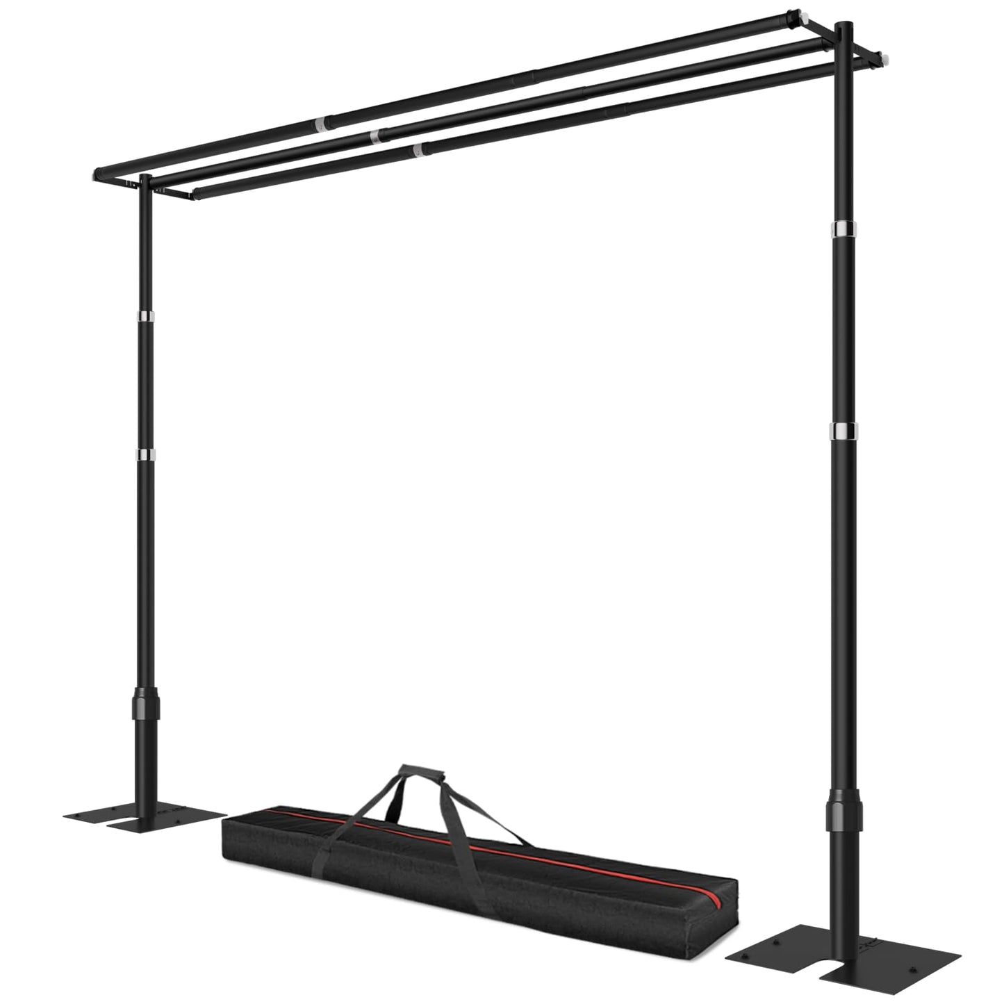 Qoolfoto 10x10ft Pipe and Drape Backdrop Stand, Three Crossbar, Heavy Duty Adjustable Background Frame with Metal Base for Parties Photography Wedding Photoshoot Decoration - Black