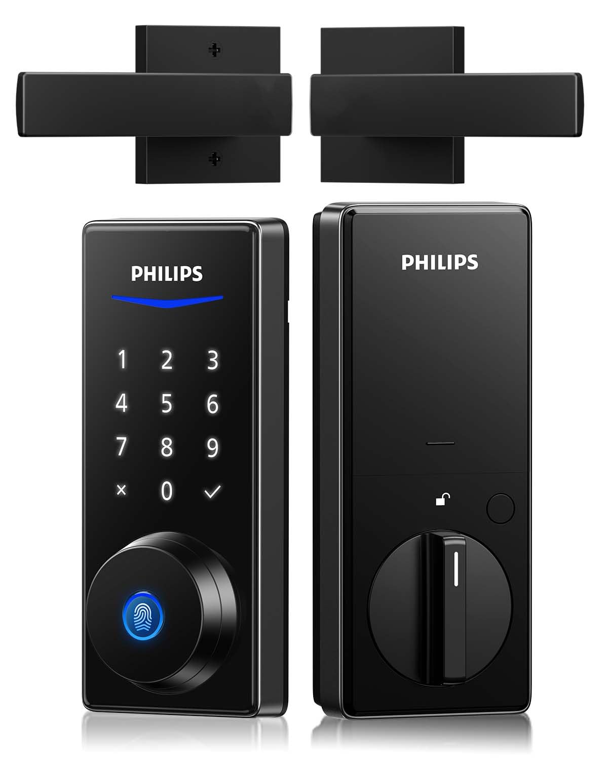 Philips Front Door Lock Set, Electronic Fingerprint Lock with 2 Lever Handles, Keyless Entry Door Lock with Handles, Auto Locking, Fingerprint Unlock, Touchscreen Keypad with Key