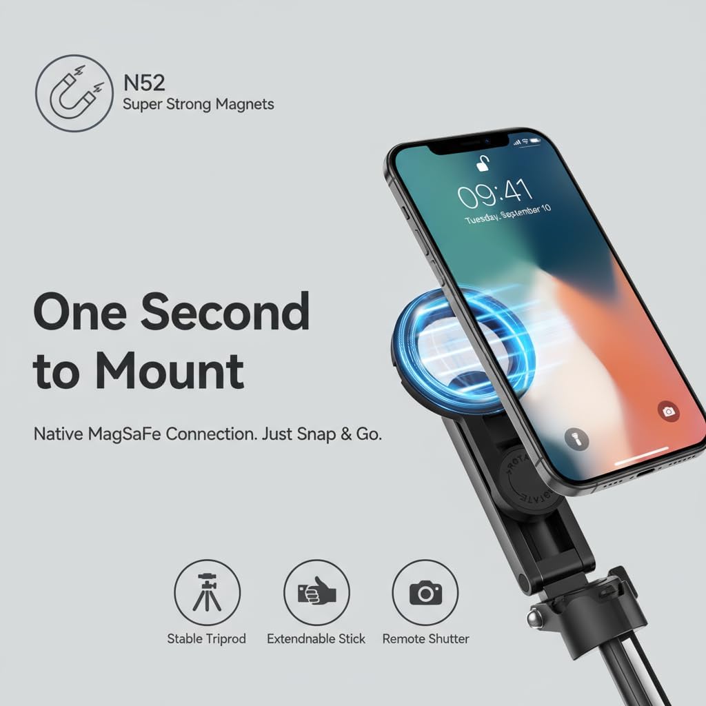 AntoFlash for Magnetic Tripod Stand for iPhone Pocket-Size Selfie Stick Mag-Safe Tripod Phone Holder with Wireless