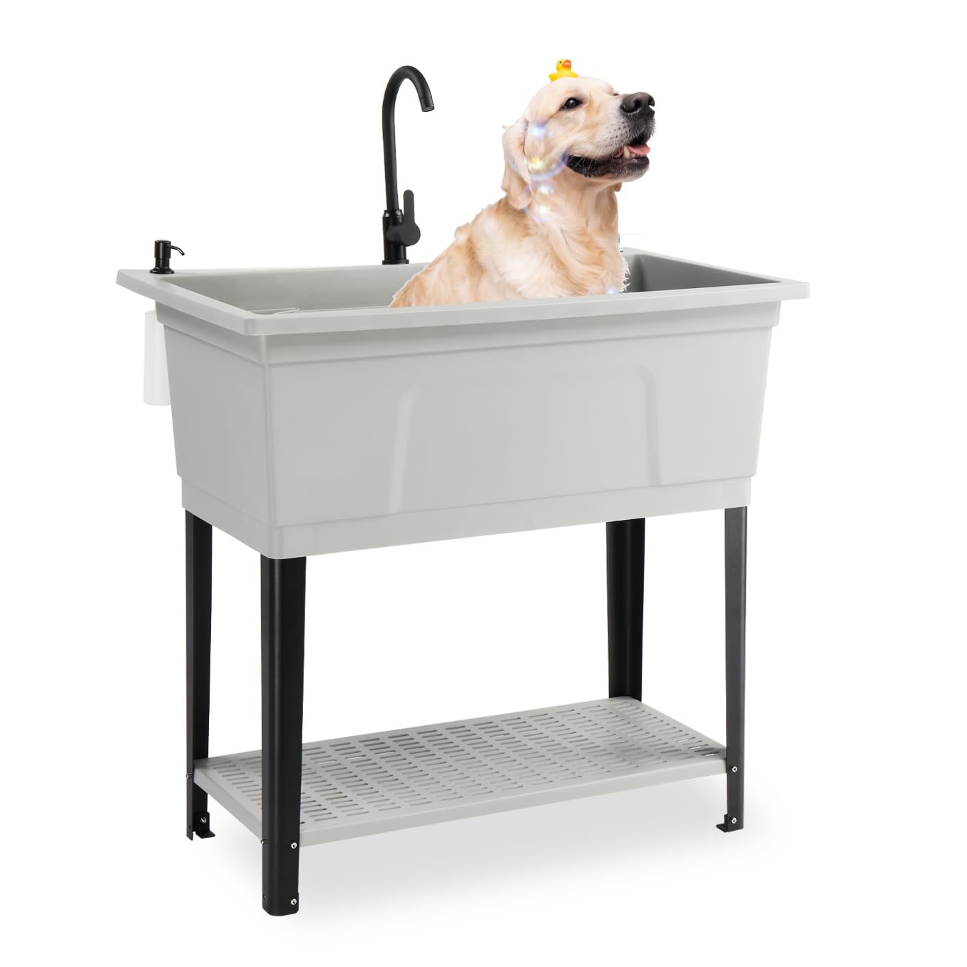 Bonnlo 37-Gallon Freestanding Utility Sink with Faucet, 36" Heightened Basin for Laundry, Garage, Outdoor Garden, Pet Wash, Heavy Duty Plastic Laundry Tub with Storage Shelf, 40"L×24"W×36"H (Gray)