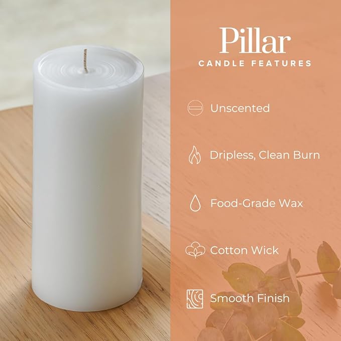 Simply Soson 3x6 inch White Pillar Candles Set of 6, Smooth Texture, Unscented White Candles, Dripless Candles, 3 inch Pillar Candles Ideal as Wedding, Parties, Spas, Dinner, Home Decoration, Church