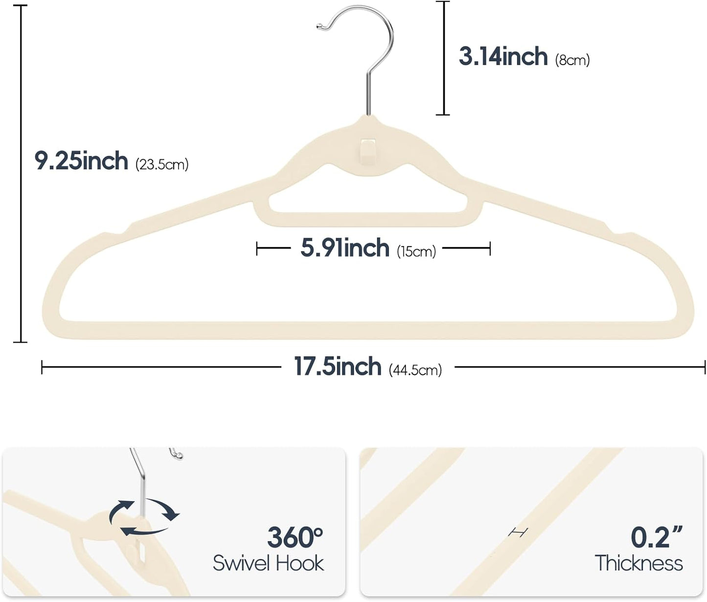 Velvet Hangers 50 Pack - Non-Slip Stackable Clothes Hangers with 360° Swivel Hooks | Ultra Thin Ivory Design