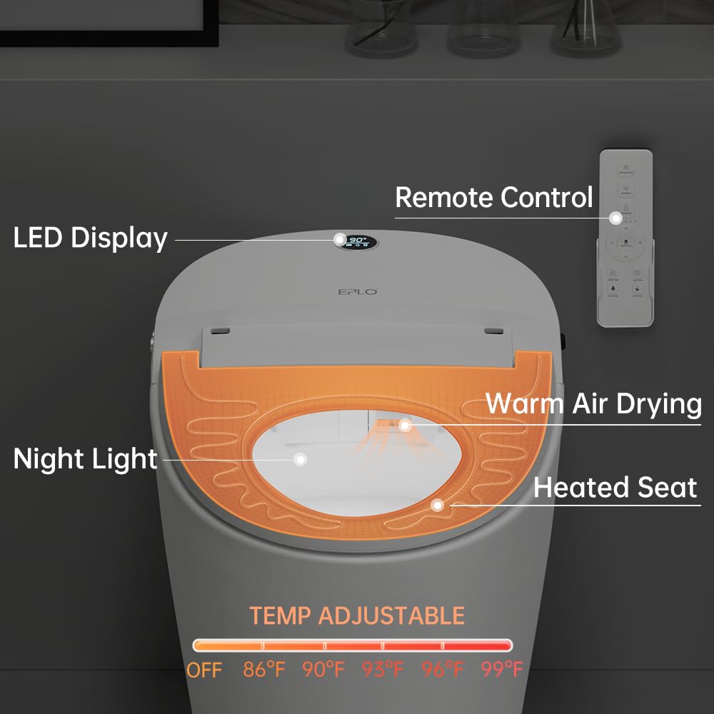 EPLO Smart Toilet,Bidet Toilet Pump-assisted,Blackout Flush,Heated Seat,Dual Auto Flush,Warm Water,Foot Sensor Operation,Modern Tankless Elongated Toilets with LED Display for Bathrooms E16BP