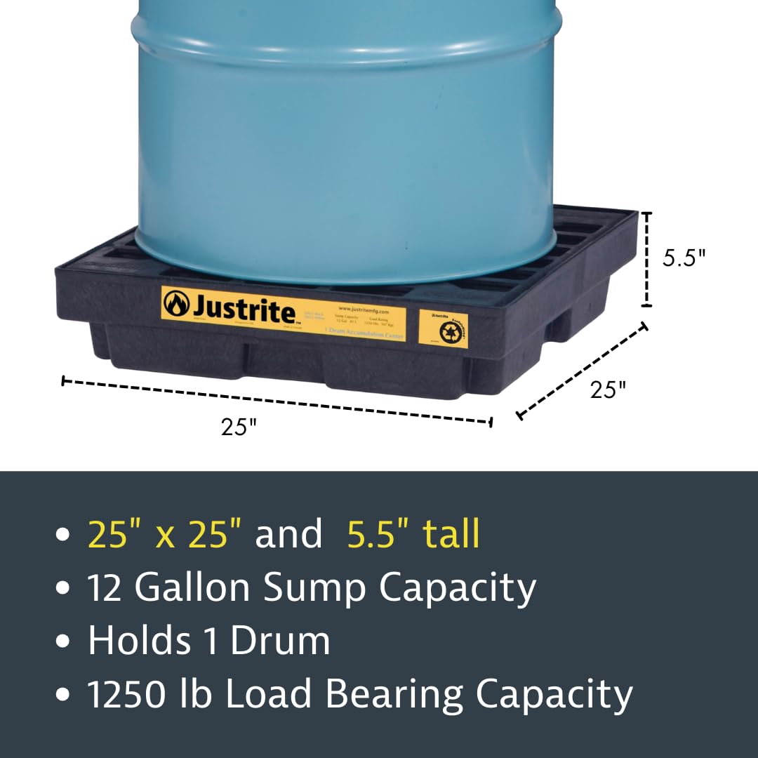 Justrite Low Profile 1 Drum Spill Containment Pallet Accumulation Center - 5.5" Tall - 12 Gal Capacity for 55 Gallon Drum Containment - Made in The USA from 100% Recycled Polyethylene - Black - 28653
