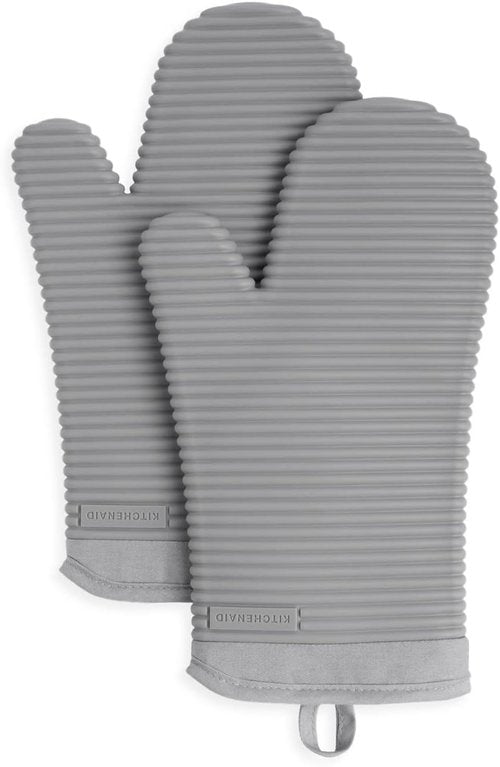 KitchenAid Ribbed Silicone Oven Mitts - 2-Pack Set, 7.5"x13", Heat Resistant, Grey