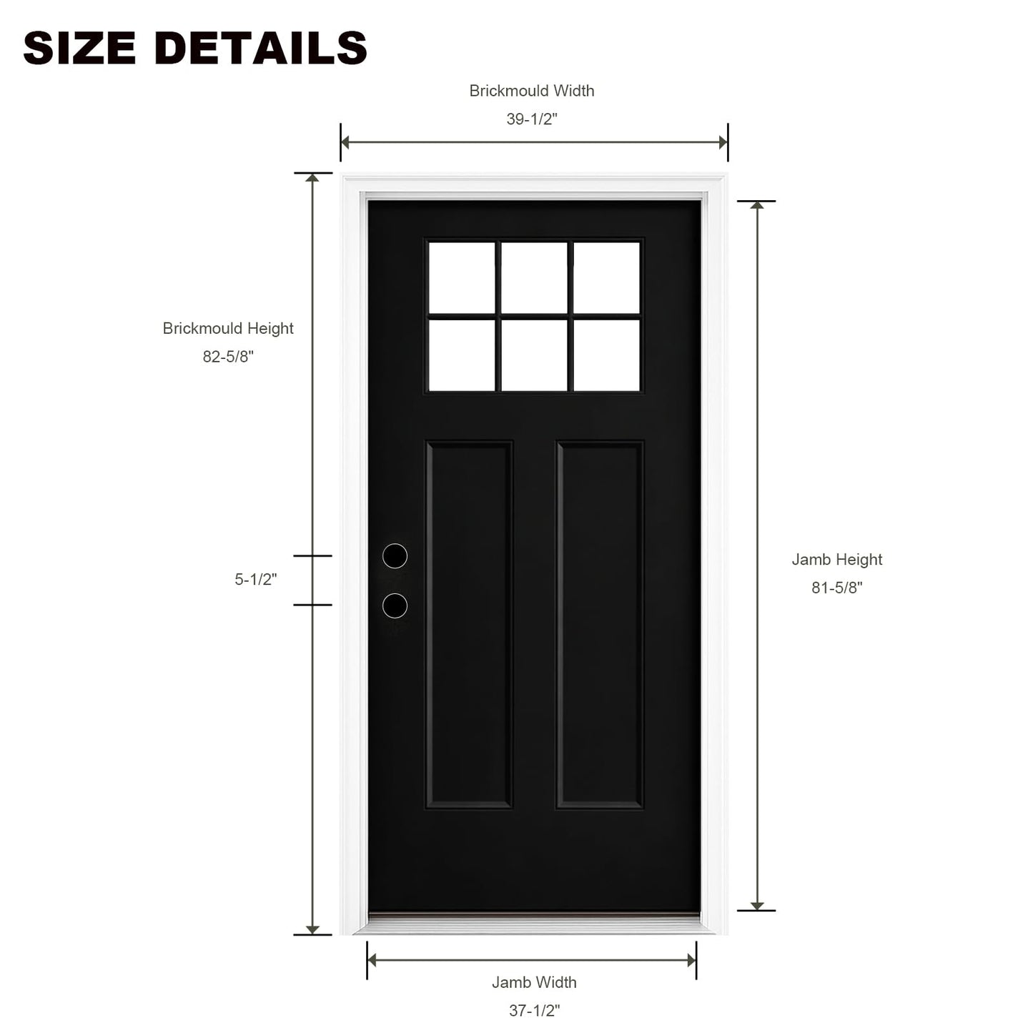 36"x80" Front Entry Door, Black Woodgrain Finish, 4-9/16" Jamb, Fiberglass Front Door with Classic 6-Lite Clear Glass, Right-Hand Inswing