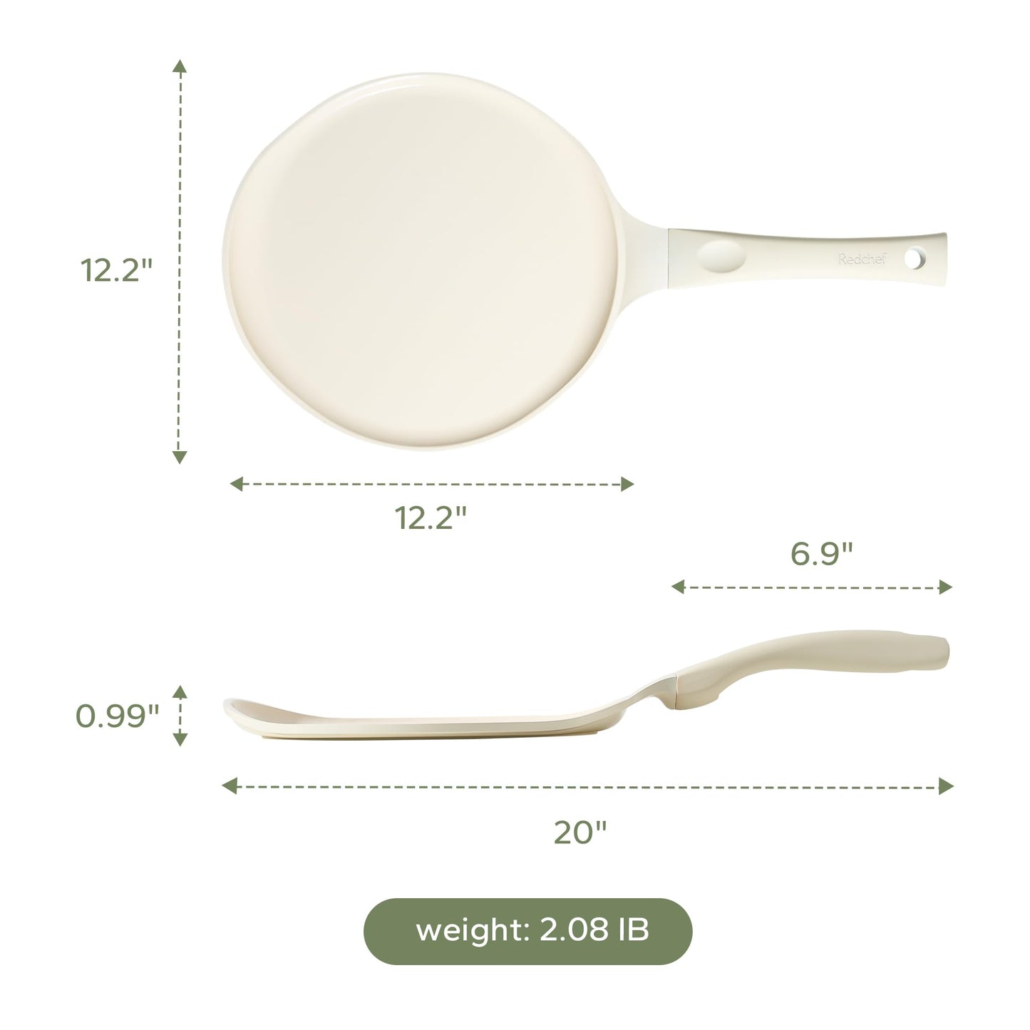 Redchef Nonstick Crepe Pan 12 Inch with Ceramic Coating, Non Stick Flat Skillet, Professional Pancake Griddle Pan, Induction Compatible, PFAS/PFOA/PTFE Free, Stay-Cool Handle (Beige White)