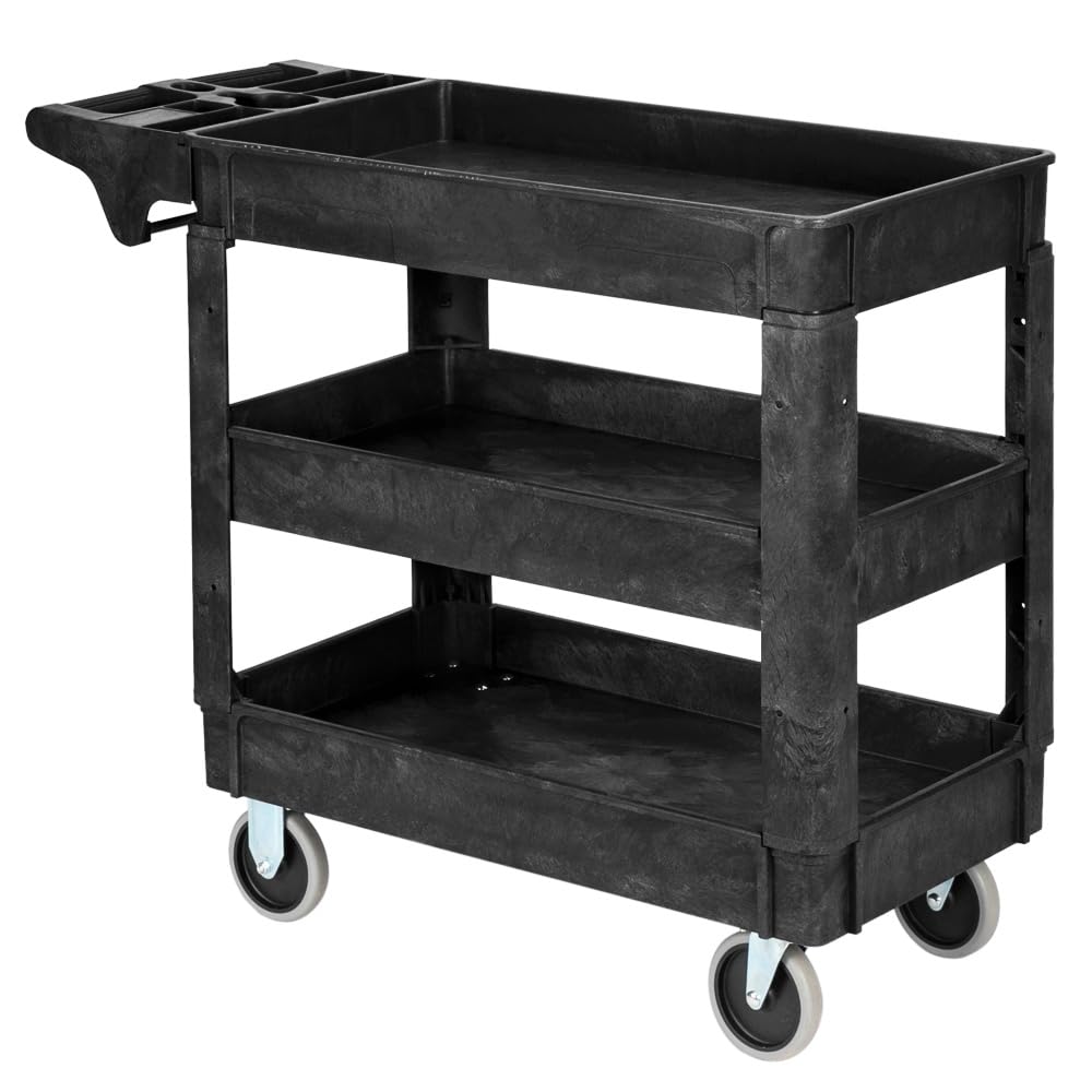 LEADZM 3-Shelf Plastic Service Utility Cart, Steady & Durable Tub Cart with Deep Shelves, Large Capacity, Multi-Function Handle Storage and 360°Flexible Wheels with Braker, Great for Warehouse/Garage