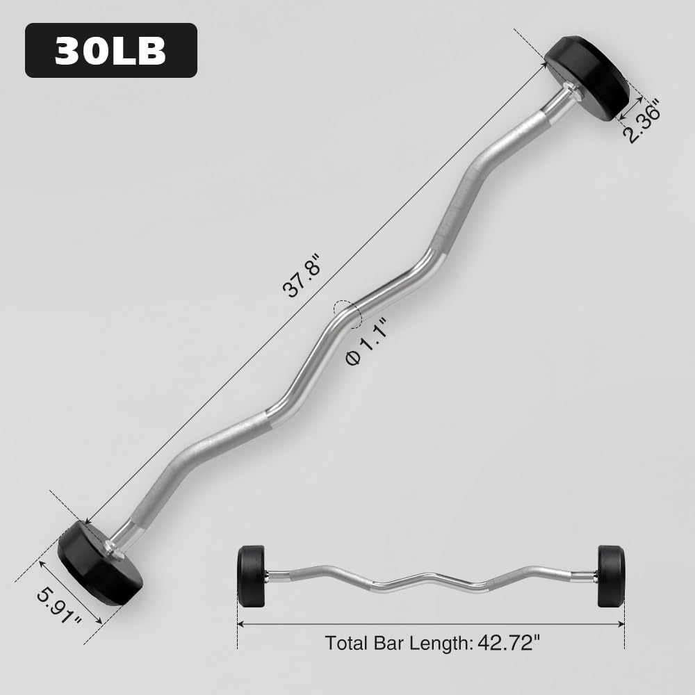 Rubber Coated Fixed Barbell, Pre-Loaded Weights EZ Curl Solid Steel Barbells, Weighted Bar for Weightlifting Exercise, Bodybuilding, Strength Training, Squat Rack & Bench Press, 30lb