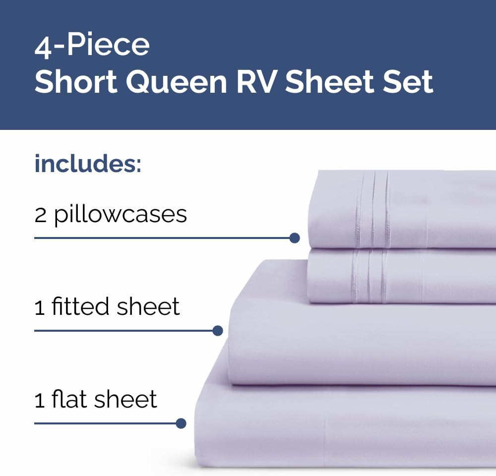 RV Short Queen Sheet Set - Soft, Breathable & Cooling 4-Piece Bedding | Fits 8” to 12” Mattresses - Light Lavender