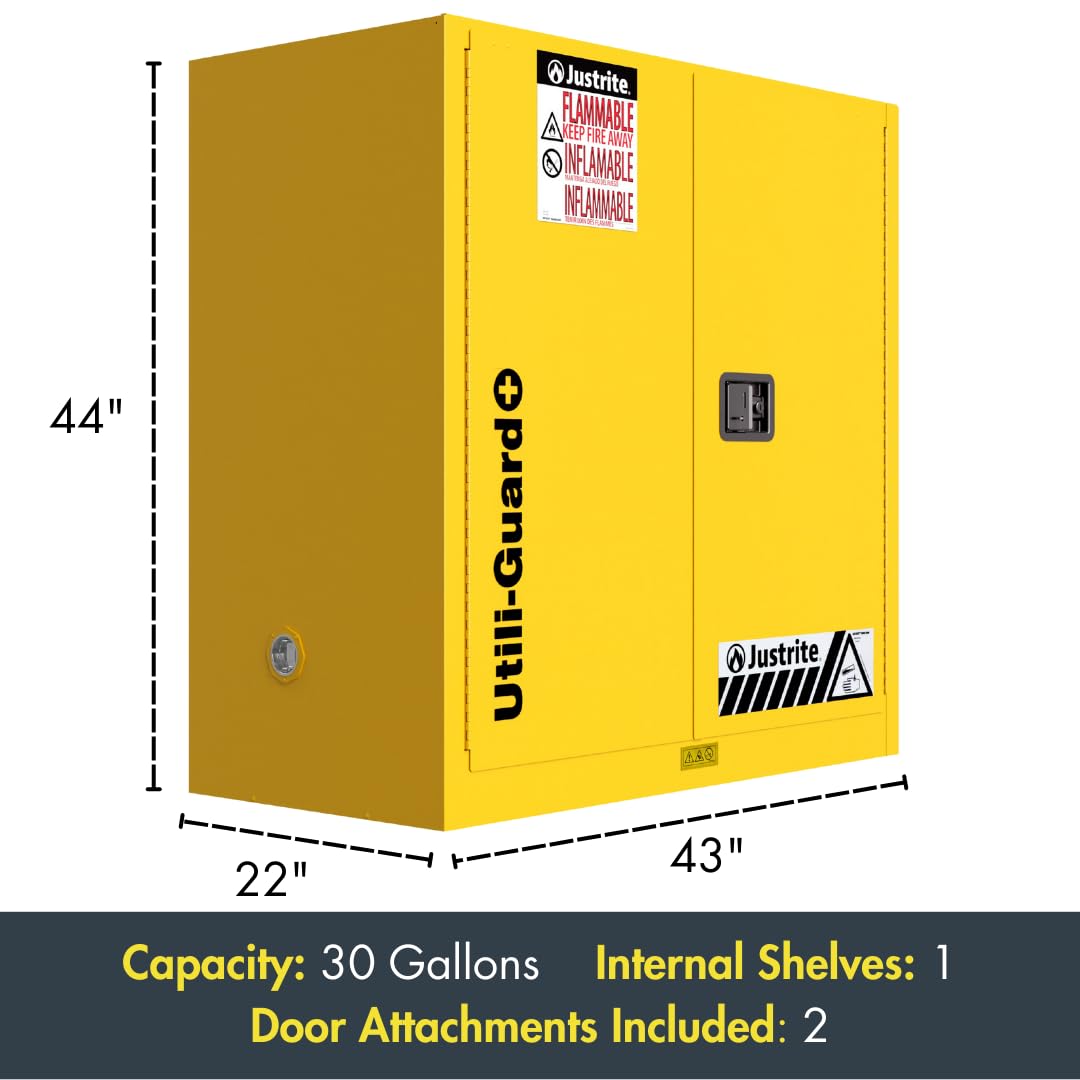 Justrite Utili-Guard 30 Gallon Self Close Flammable Storage Cabinet with 2 Shelf Accessories - 18 Gauge Steel - 2 Door Fire Cabinet - 44" x 43" x 22" - Made in The USA - Yellow - U893020