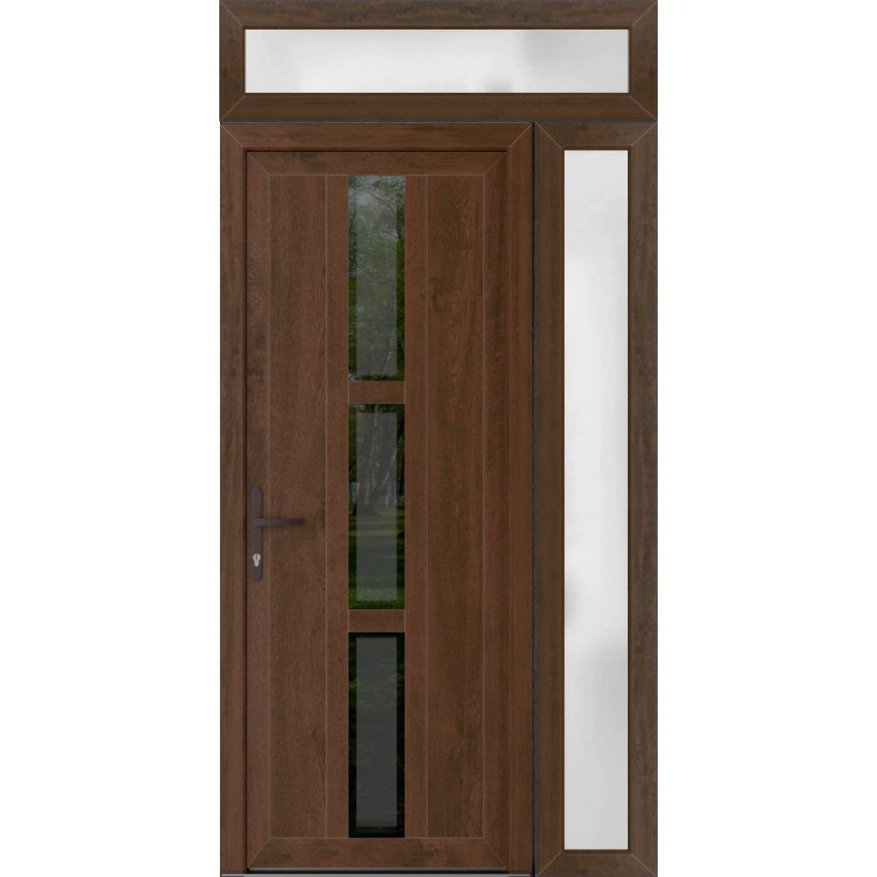 VDOMDOORS Front Exterior Prehung Metal-Plastic Door Frosted Glass | Manux 8112 Walnut | Side, Top Sidelite Transom | Residential Doors Entrance Patio Garage 50 x 94 (W36+14 x H80+14) Right-Inswing