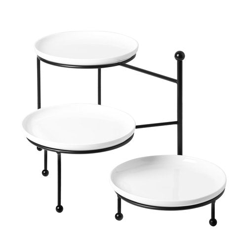 Kanwone 3 Tiered Serving Stand with White Porcelain Plates, Tiered Tray Stand, Dessert Table Display Set, 8" x 8" Tier Serving Trays with Black Metal Stand for Entertaining, 3 Tier Dessert Stand
