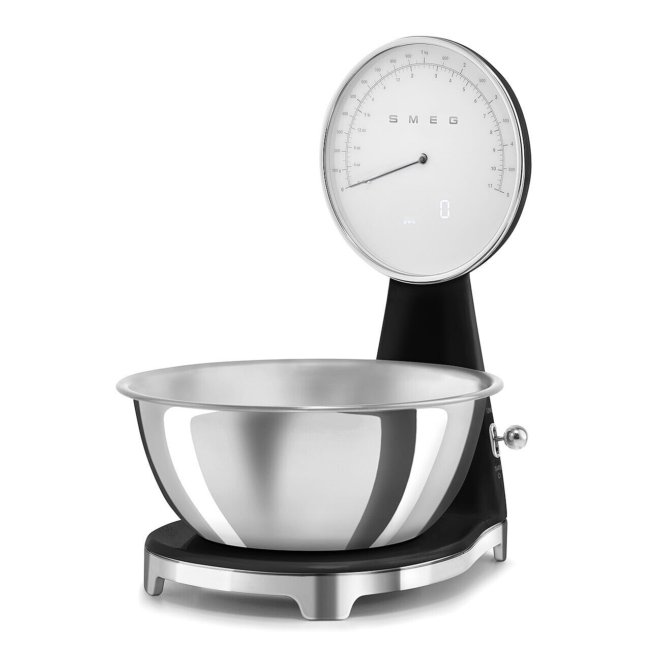 SMEG Retro-Style Kitchen Scale - 11 lb Capacity, Rechargeable Battery, Backlit LCD Display, Black Stainless Steel Bowl