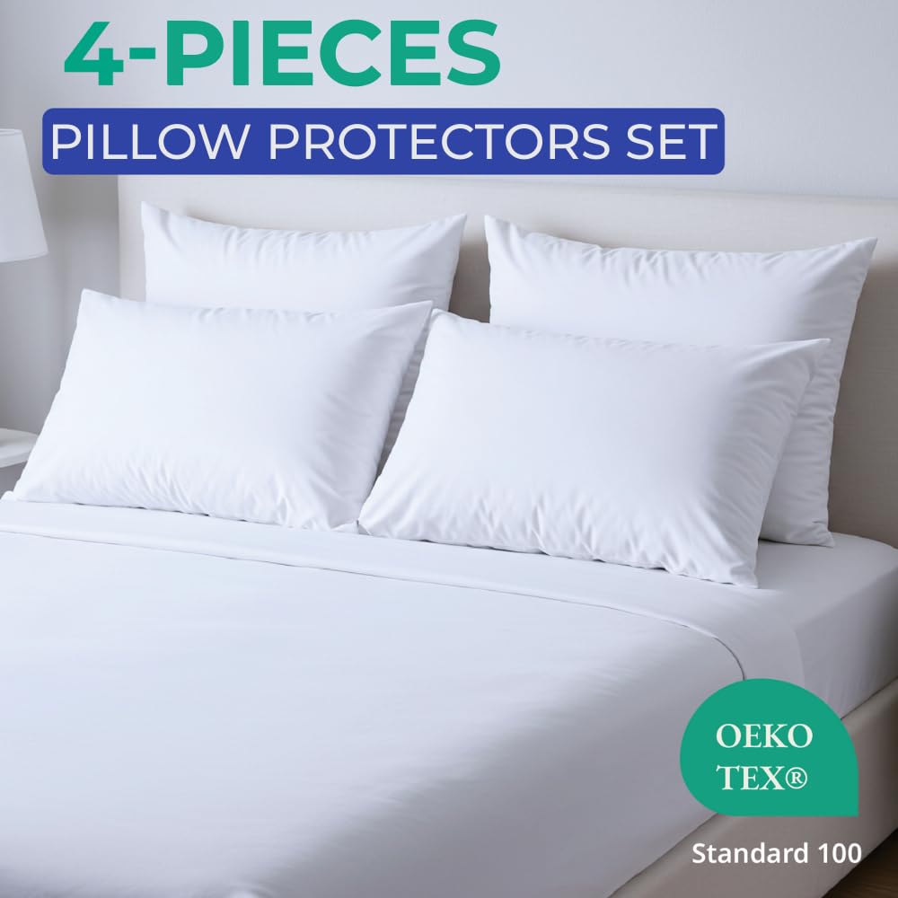 Ultra Soft 4 Pack Pillow Protectors with Zipper Standard Size Breathable Standard Pillow Covers, 100% Safety Against Stains, Dust & Dirt with Pillow Covers, Machine Washable (White 20x26 inch)