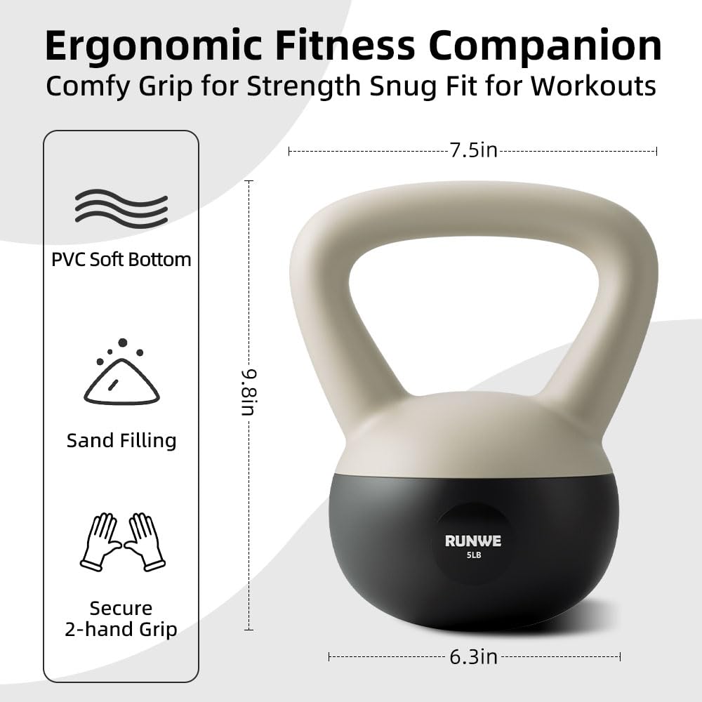RUNWE Soft Kettlebell 5 lb - Sand Filled Kettlebell Hand Weight, Soft-Sided Cushioned Base,Safety Guaranteed Ideal for Men, Women, & Beginners