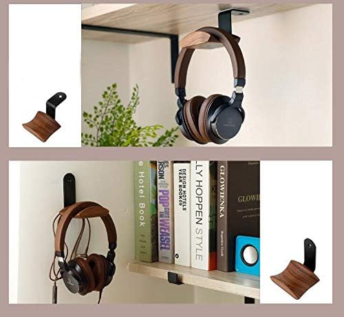 YANGMEI Headset Under-Desk Mount Headphone Hanger Holder Stand Walnut Wood Headphone Rack Hook Desk Tabletop Tape