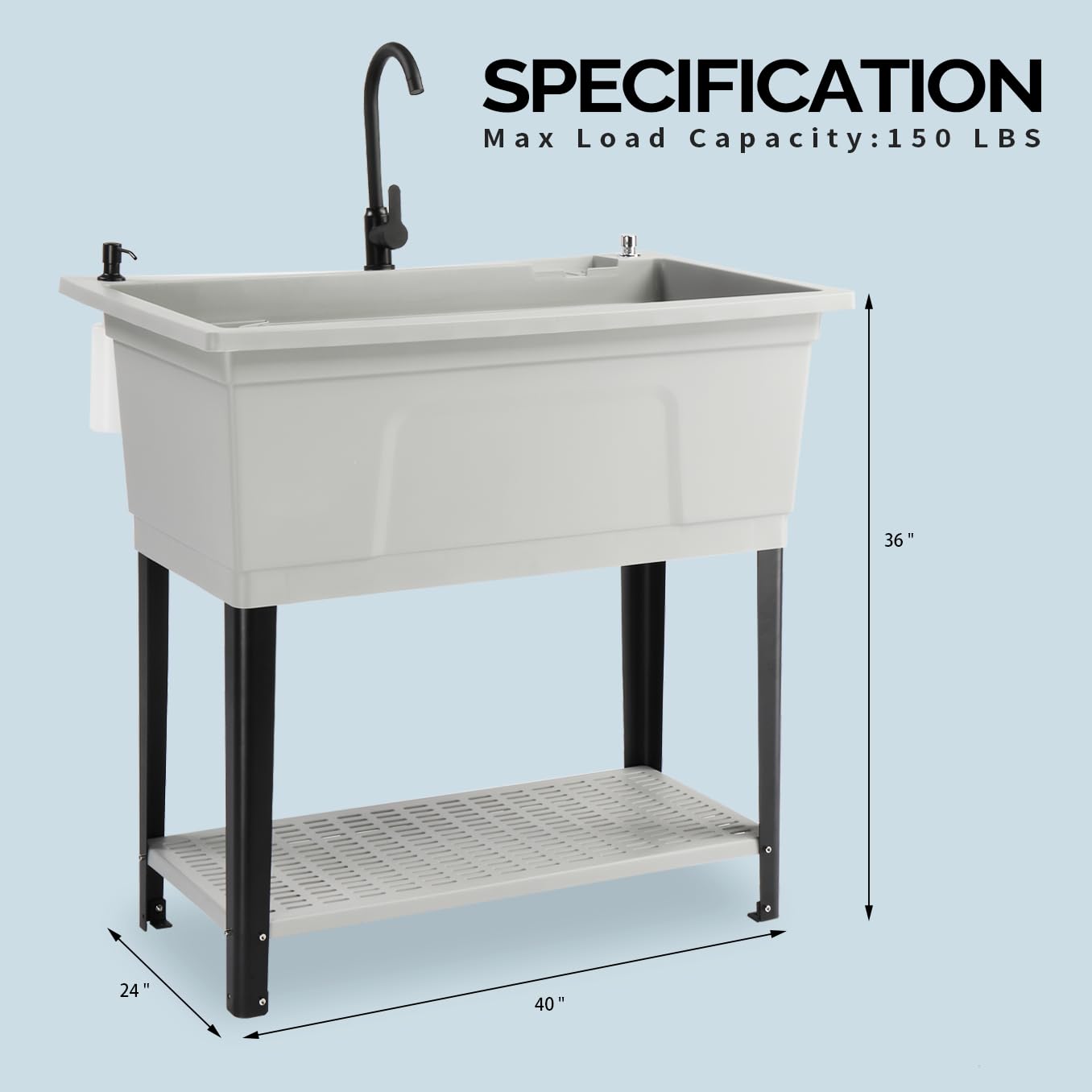 Bonnlo 37-Gallon Freestanding Utility Sink with Faucet, 36" Heightened Basin for Laundry, Garage, Outdoor Garden, Pet Wash, Heavy Duty Plastic Laundry Tub with Storage Shelf, 40"L×24"W×36"H (Gray)